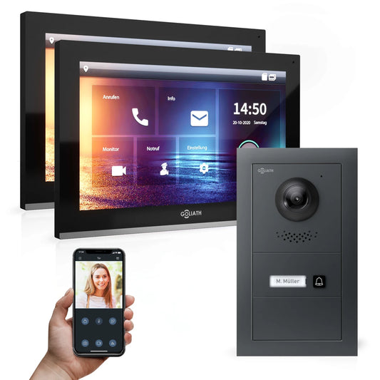 GOLIATH Hybrid IP Gegensprechanlage mit App | Anthrazit | 1-Familie | 2x 10" | Unterputz | 180°