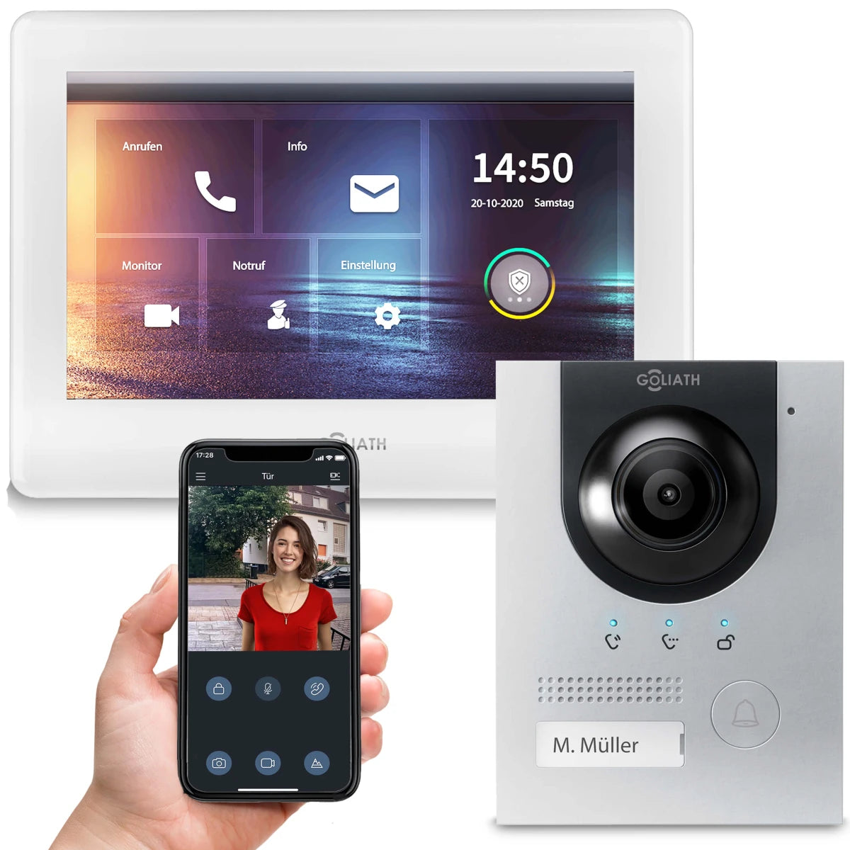 GOLIATH Hybrid IP Türsprechanlage | App | Silber | 1-Familienhaus | 7 Zoll | Unterputz | 180 Grad