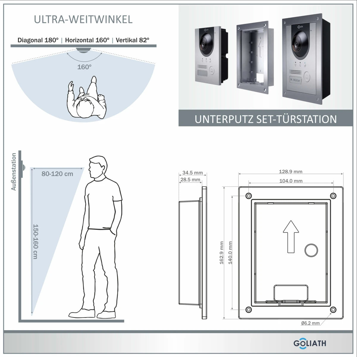 GOLIATH Hybrid IP Türsprechanlage | App | Silber | 1-Familienhaus | 7 Zoll | Unterputz | 180 Grad