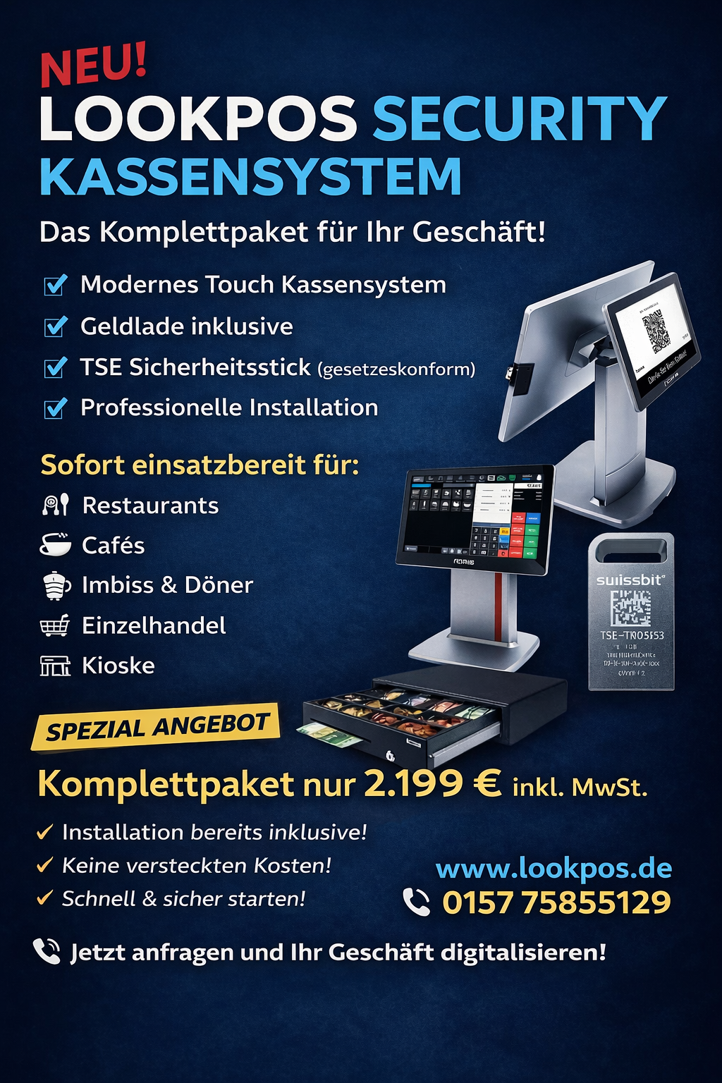 Komplettes Kassensystem inkl. Installation – TSE, Geldlade & Touch POS – nur 2.199 € inkl. MwSt