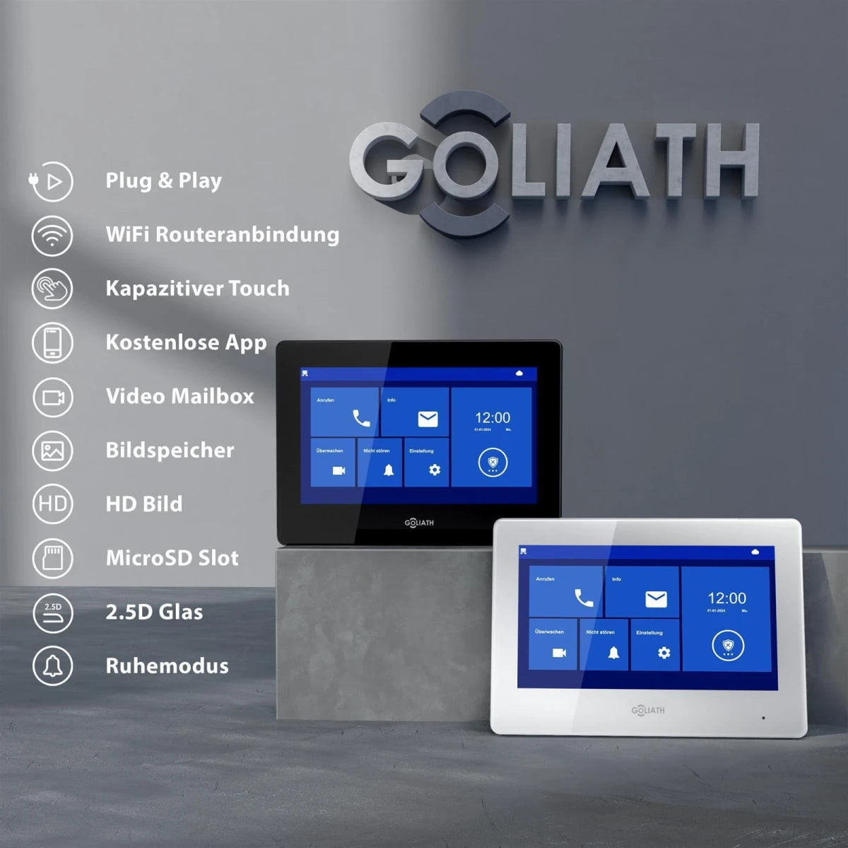 GOLIATH Basic 2-Draht BUS Türsprechanlage | FullHD | 7" Monitor | Schwarz | RFID & Keypad | Aufputz