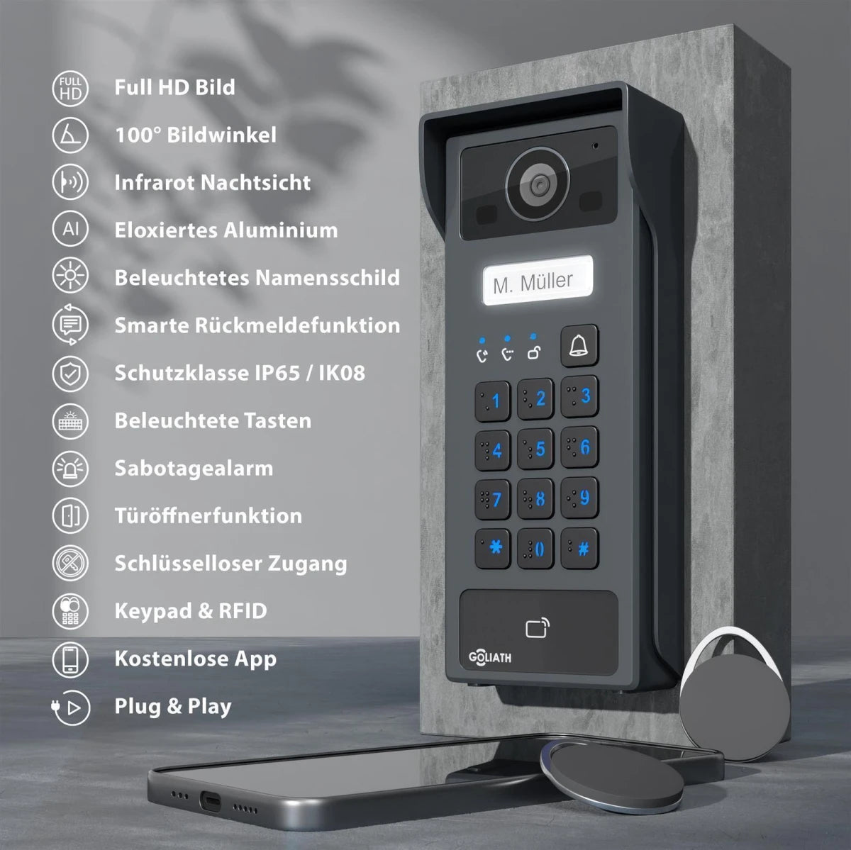 GOLIATH Basic 2-Draht BUS Türsprechanlage | FullHD | 7" Monitor | Schwarz | RFID & Keypad | Aufputz