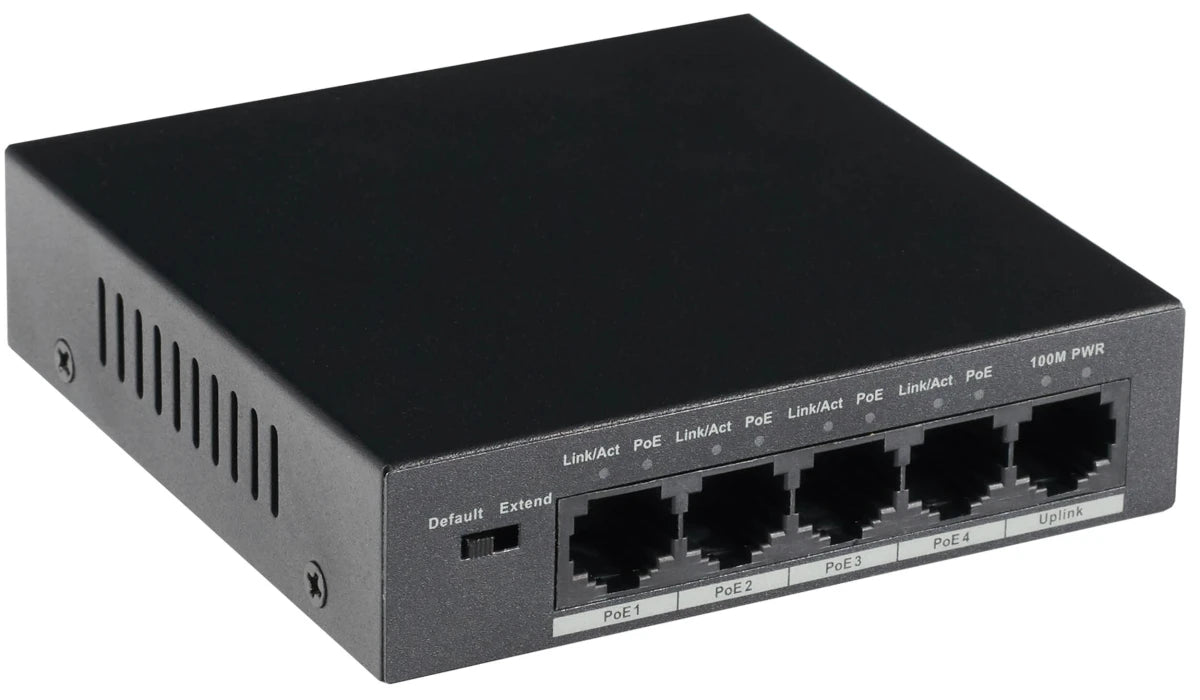 GOLIATH 4-Port PoE Switch + 1-Port Gigabit Uplink, RJ45 10/100Mbps, Max 30W/Port, Gesamtleistung 58W