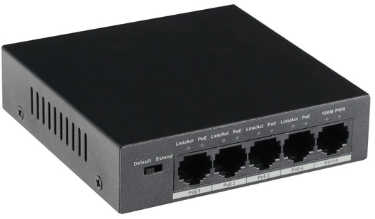 GOLIATH 4-Port PoE Switch + 1-Port Gigabit Uplink, RJ45 10/100Mbps, Max 30W/Port, Gesamtleistung 58W
